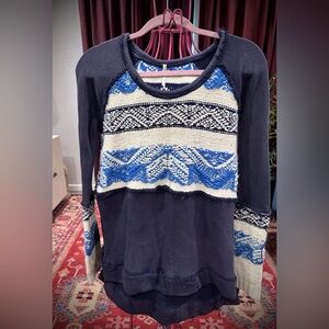 Free People Navy and Cream Patterned Sweater